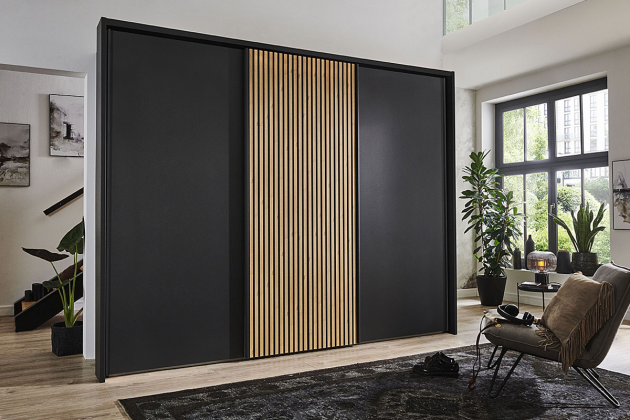 Wiemann_Kledingkast_Nevada_Buitendeuren_Grafiet_Middendeur_Grafiet_Lamellen_Bianco_Eiken